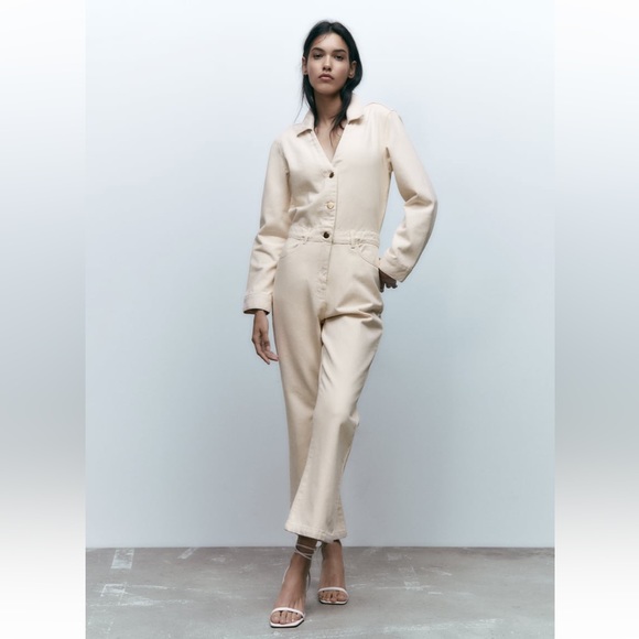 Zara Pants & Jumpsuits Nwt Zara Ecru Denim Jumpsuit Poshmark